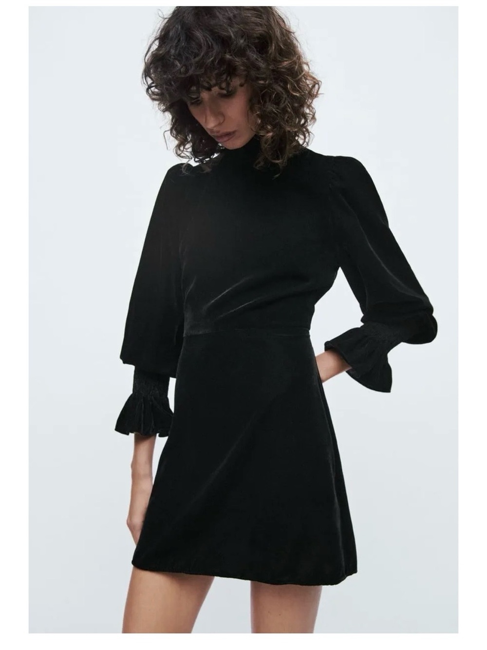 Zara Black Velvete High-Neck A-Line Dress with Ruffled Cuffs